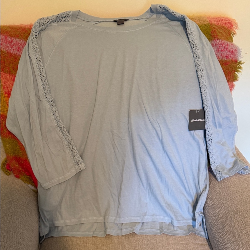 NWT Eddie Bauer Light Blue Lace-Trim 3/4 Sleeve Top